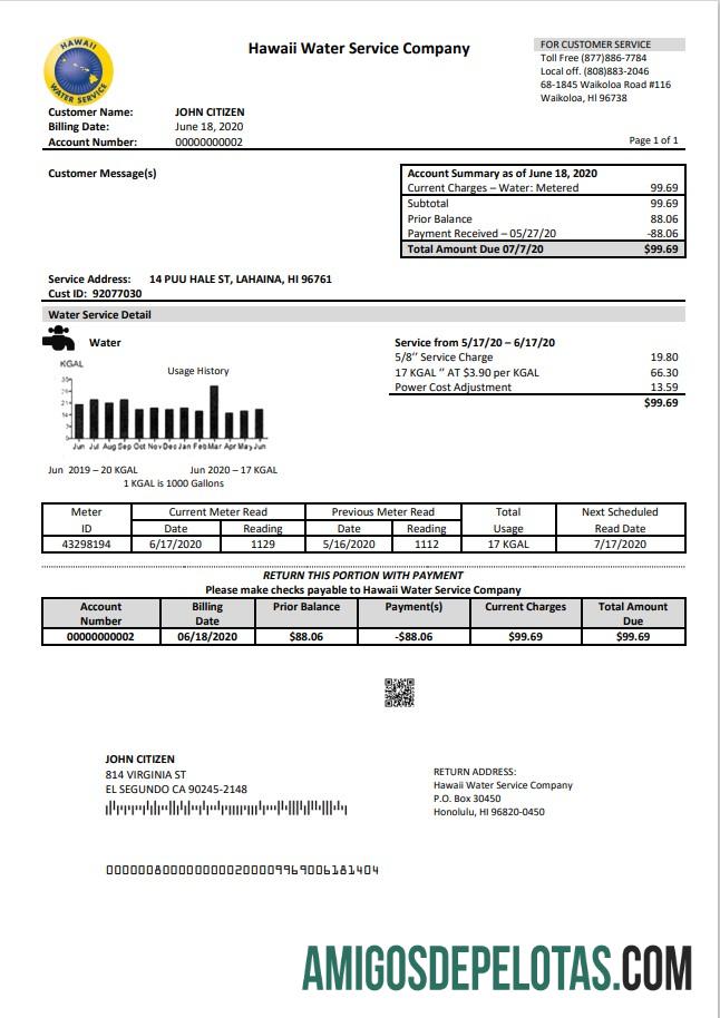 Para baixar modelo de conta de serviços públicos da empresa de serviços de água dos EUA Havaí em formato Word e PDF (.doc e .pdf)